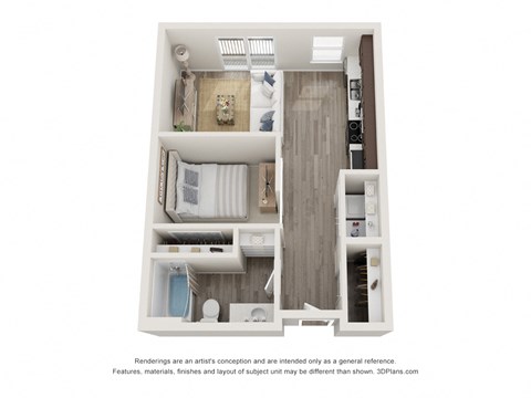 Floor plan for studio, 1 bath, 555 sqft